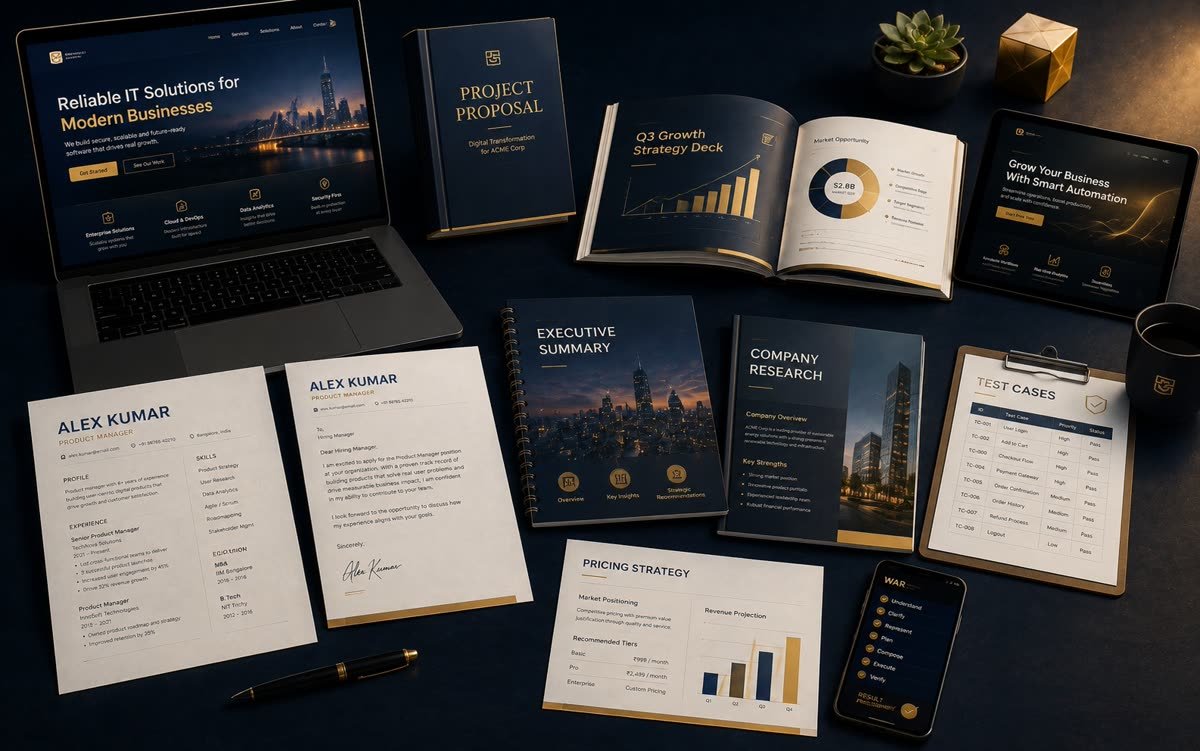 A spread of finished documents, decks and pages made with WAR