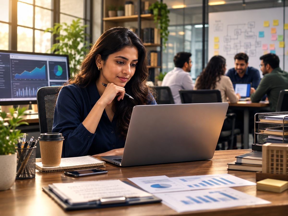 A business operator working at a laptop in an open-plan office, with performance dashboards on screen, printed reports on the desk and a team meeting behind her.