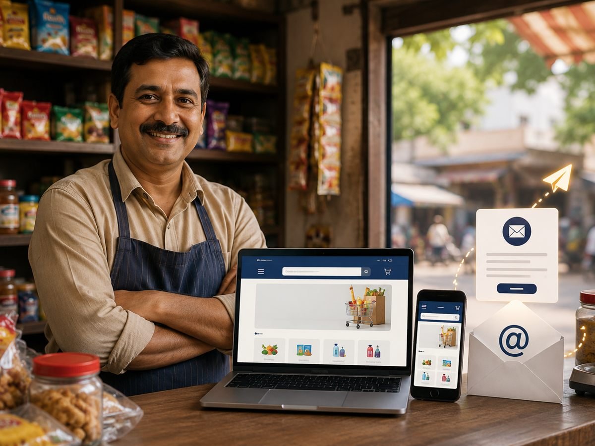 A shop owner reviewing a business website and a launch-offer email on his phone.