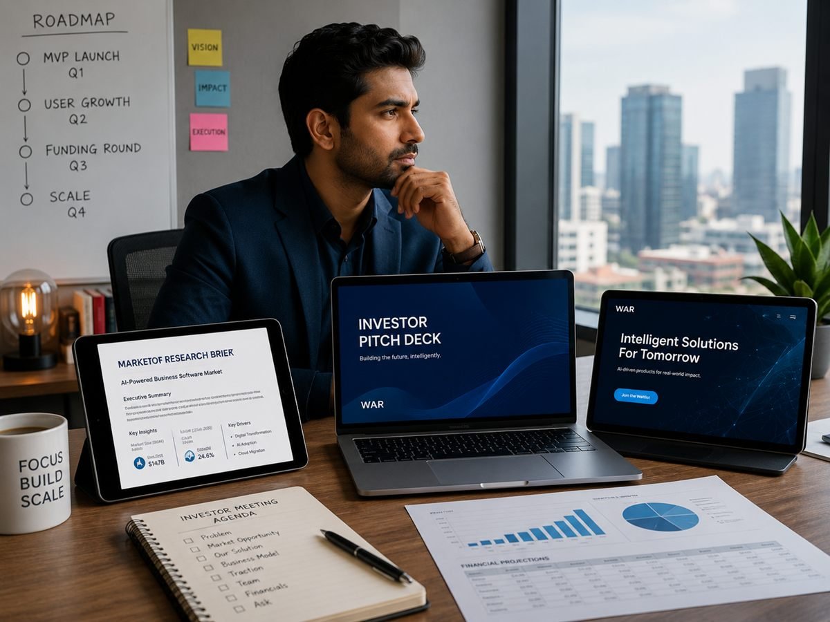 A founder at a laptop with a pitch deck, a market research brief and a landing page.