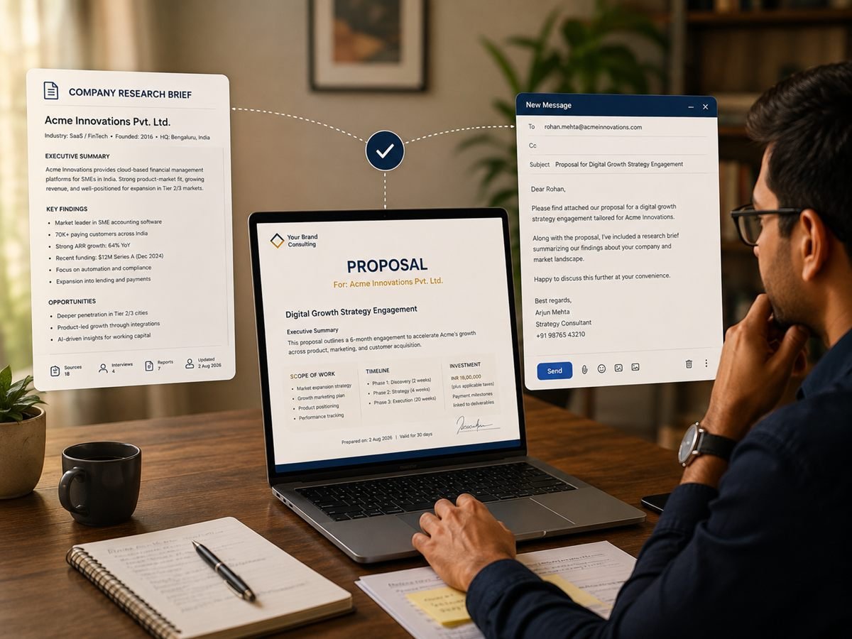 An independent professional at a desk with a client proposal, a company research brief and a covering email.