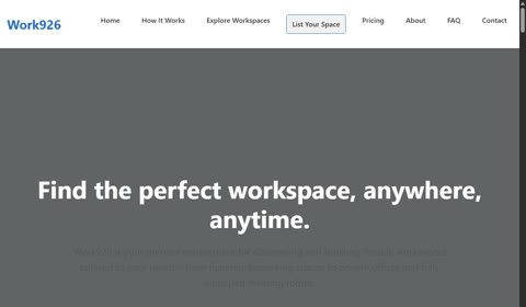 A generated business website for Work926, a coworking-space marketplace