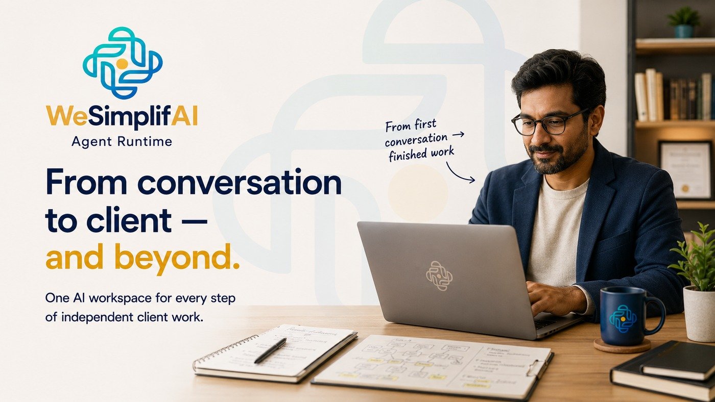WeSimplifAI Agent Runtime -- an independent professional at his desk with a laptop, a notebook, and a workflow diagram. From conversation to client, and beyond. One AI workspace for every step of independent client work.